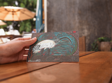 Australian Ibis Bird Universal Spirit Dreaming Aboriginal Art A6 blank PostCard Single by Mirree